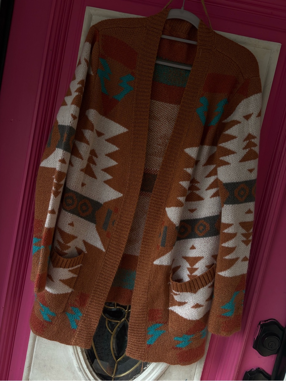 Cozy Southwestern Aztec Knit Cardigan in Rust & Cream - Picture 3 of 11